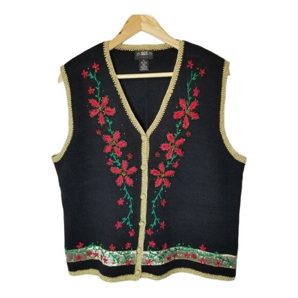 segue Sweaters - Vintage Christmas Sweater Womens XL Vest Ugly Poinsettia Beaded  Segue Noel